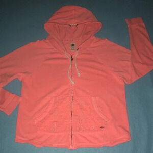 ROXY zip up sweatshirt hoodie,crocheted pocket detail, rope pull strings size M